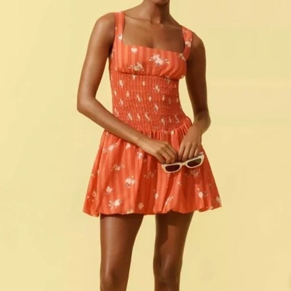 Anthropologie Rust Floral Smocked Square Neck Mini Bubble Dress, Vacation, L NWT - Picture 2 of 10